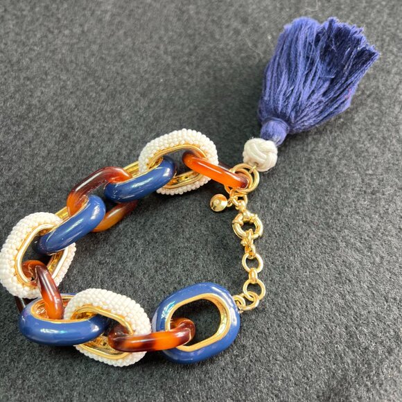 J Crew Navy Blue, Cream, Tortoiseshell Enamel Gold Jumbo Link Bracelet - Picture 5 of 5